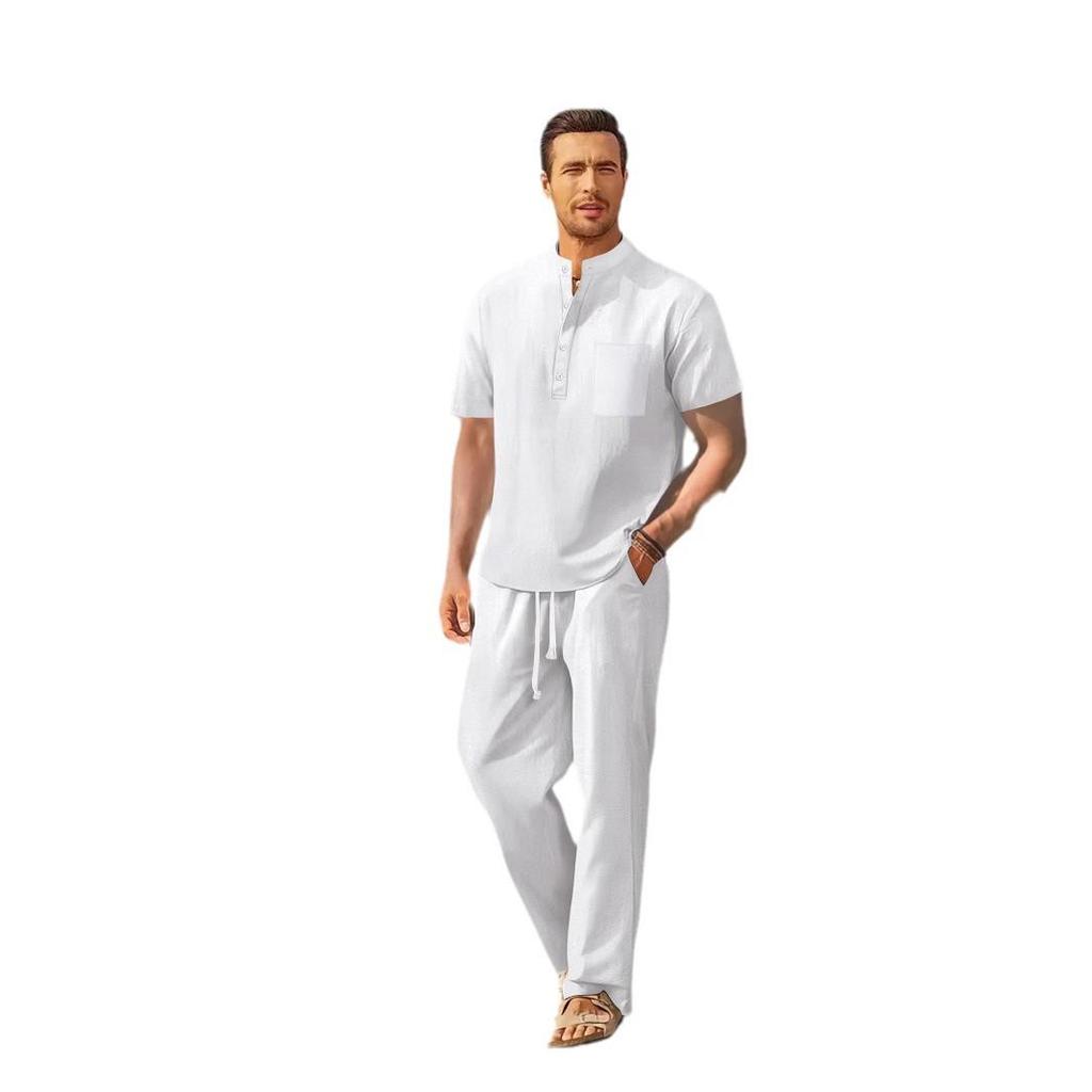 Pánská ležérní bavlněno-lněná souprava Jaro/Léto 2025: Volná košile s krátkým rukávem a dlouhé kalhoty