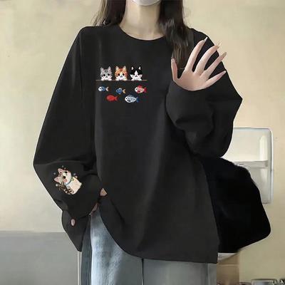 T-shirt da Donna Stile Coreano Trendy Cotone Puro Girocollo Manica Lunga - Primavera/Autunno Vestibilità Larga Strato Base