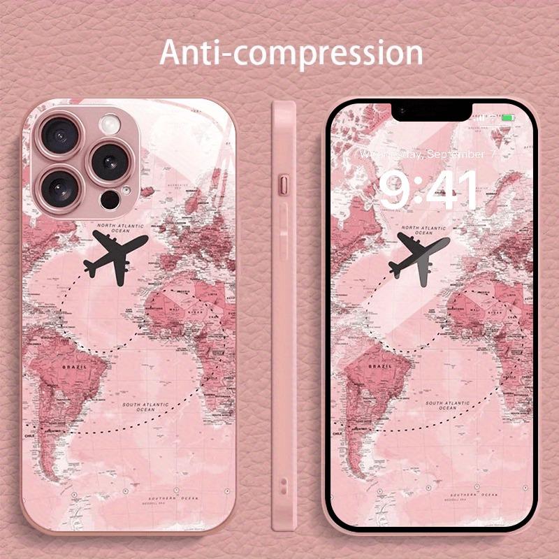 Simple Map Airplane Pattern Pink Metallic Paint Glass Phone Case For iPhone 17 16 15 14 13 12 11 Pro Max 15 Plus 17Air 16E Cover