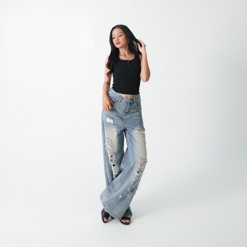 Womens Distressed Ripped Jeans Straight Leg Loose Fit High Street Style Denim Pants