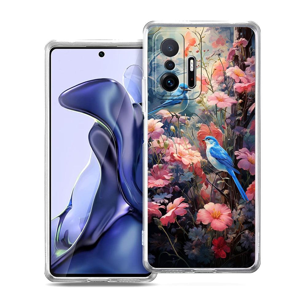 Transparent Phone Case for Xiaomi Mi 14 13 12 11 Ultra 13T 12T 11T Poco X3 NFC F3 F6 Pro 5G Soft TPU Flower Floral Bird Pattern