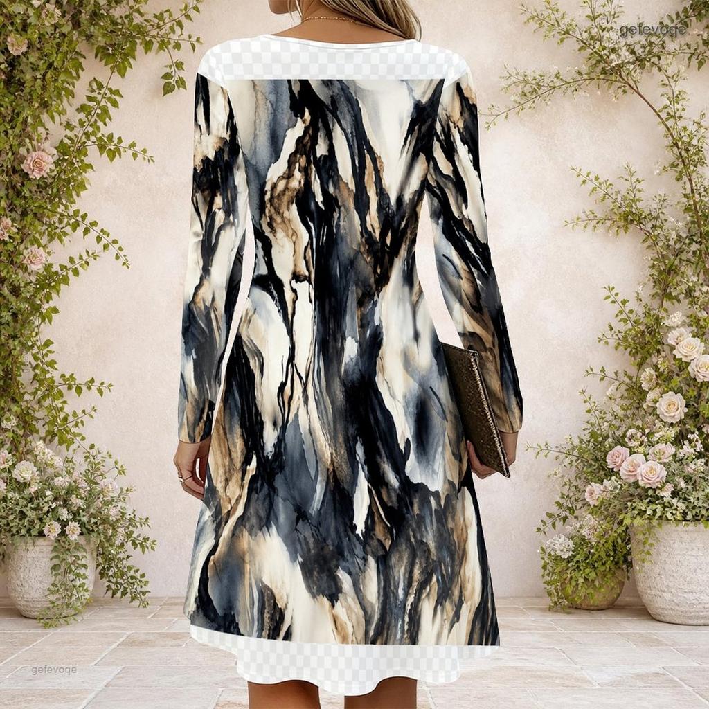 Women Criss Cross V Neck Long Sleeve Blue White Printed Fitted Curved Hem Dress