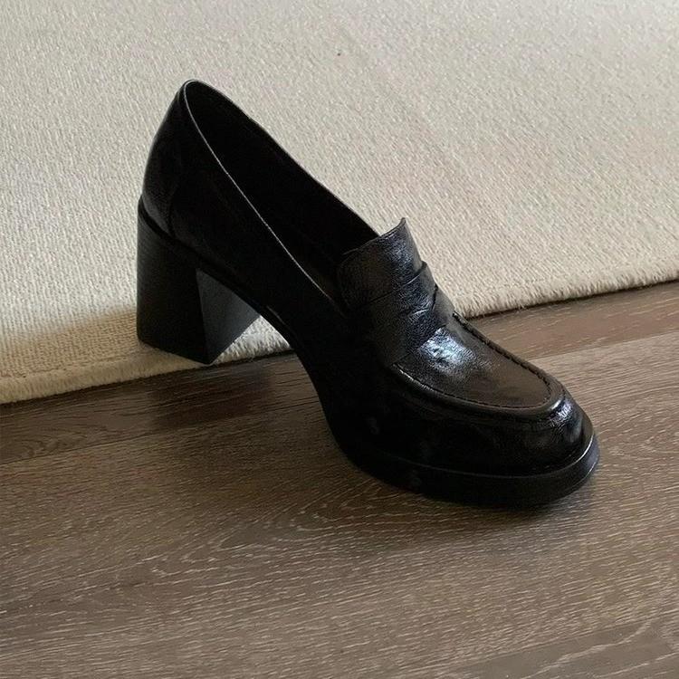 Genuine Leather~ 8cm High-heeled Loafers Women's Retro Versatile Small Leather Shoes Black Simple One-pedal Commuting Silent Single Shoes