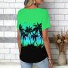 Women Blue Ocean Coconut Palm Beach Print Short Sleeve V Neck Blouse