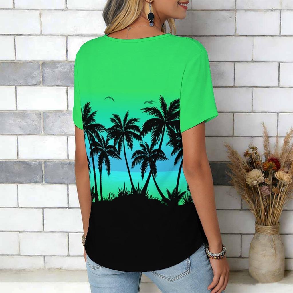 Women Blue Ocean Coconut Palm Beach Print Short Sleeve V Neck Blouse