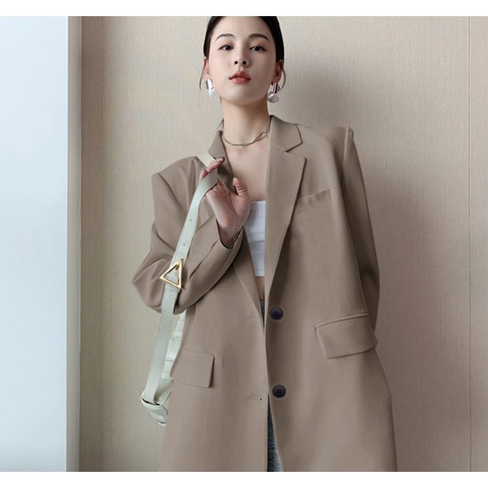 Blazer long à revers pour femme Coupe ajustée Style commuter Manteau Vêtement d'extérieur décontracté pour le bureau