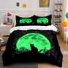 Green Moon Cat Silhouette Bedding Duvet Cover Set  (1*Duvet Cover 2*Pillowcases, Without Duvet Insert)