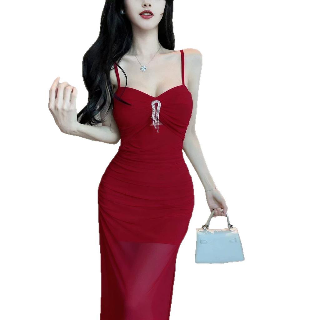 Pure desire, Spice Girl mesh suspender dress, women's summer slim-fitting waist temperament, sexy hip-wrapped fishtail long skirt