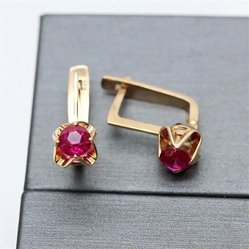 Classic Trend Red Gem Earrings for Women Long-style Copper Plated Rose Gold Vintage Fine Earings Zircon Copper Plated Rose Gold