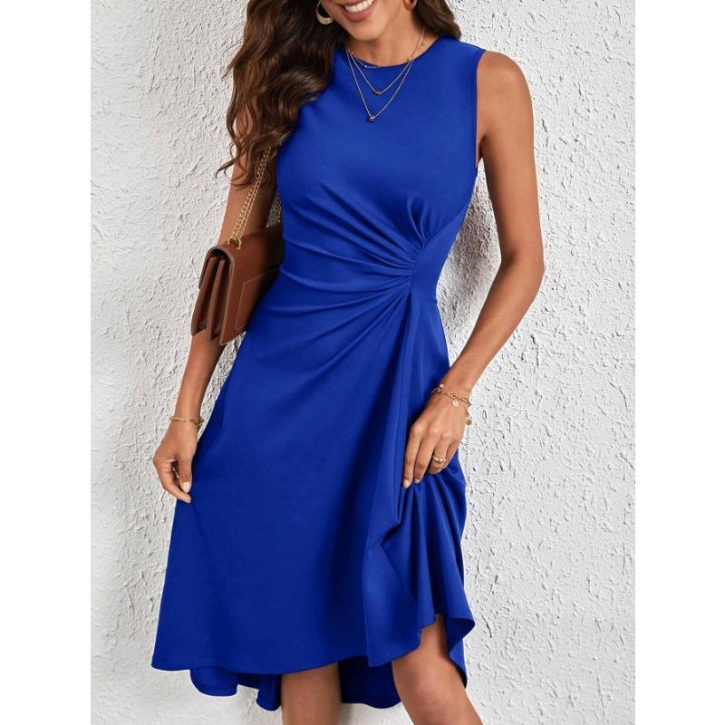 

VEZFAA женские модные летние весенние однотонные повседневные платья без рукавов с круглым вырезом и высокой талией XL синий