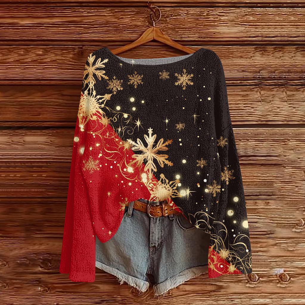 Damenmode Weihnachtsdruck Leichter Pullover Lässig Langärmlig Strick-Pullover-Oberteil