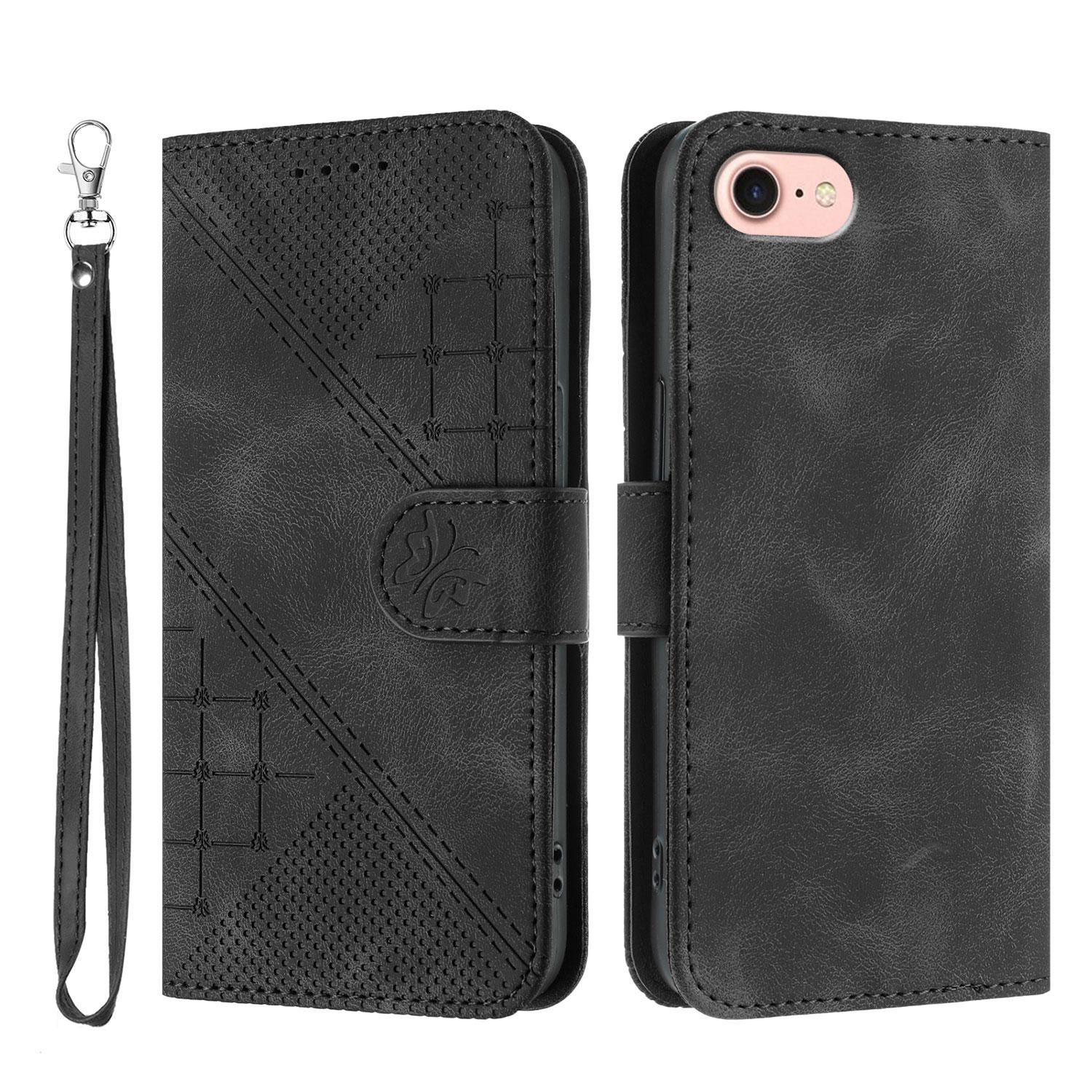 

For iPhone 16e Leather Wallet Case Butterfly Flower Imprinted Phone Cover with Strap Black