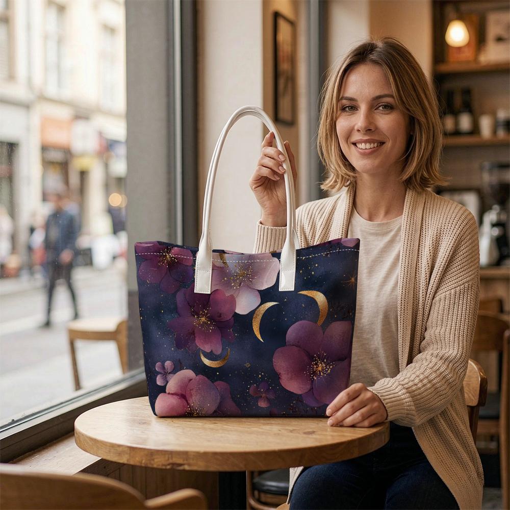 Purple Floral Moon Print Women Tote Bag Casual Shoulder Bag For Daily Use