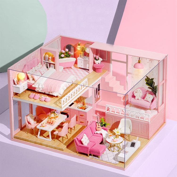 Puppenhaus Bausatz 3D Holz Mini Puppenhaus Montage Gebäude mit Möbelbausatz Spielzeug Kinder Geburtstagsgeschenk 3D Puzzle Handgefertigt