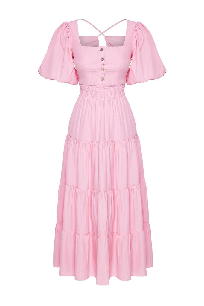 Women's Style Dress Pink Square Neck Maxi Woven Dress with Opening Waist and Back Detail