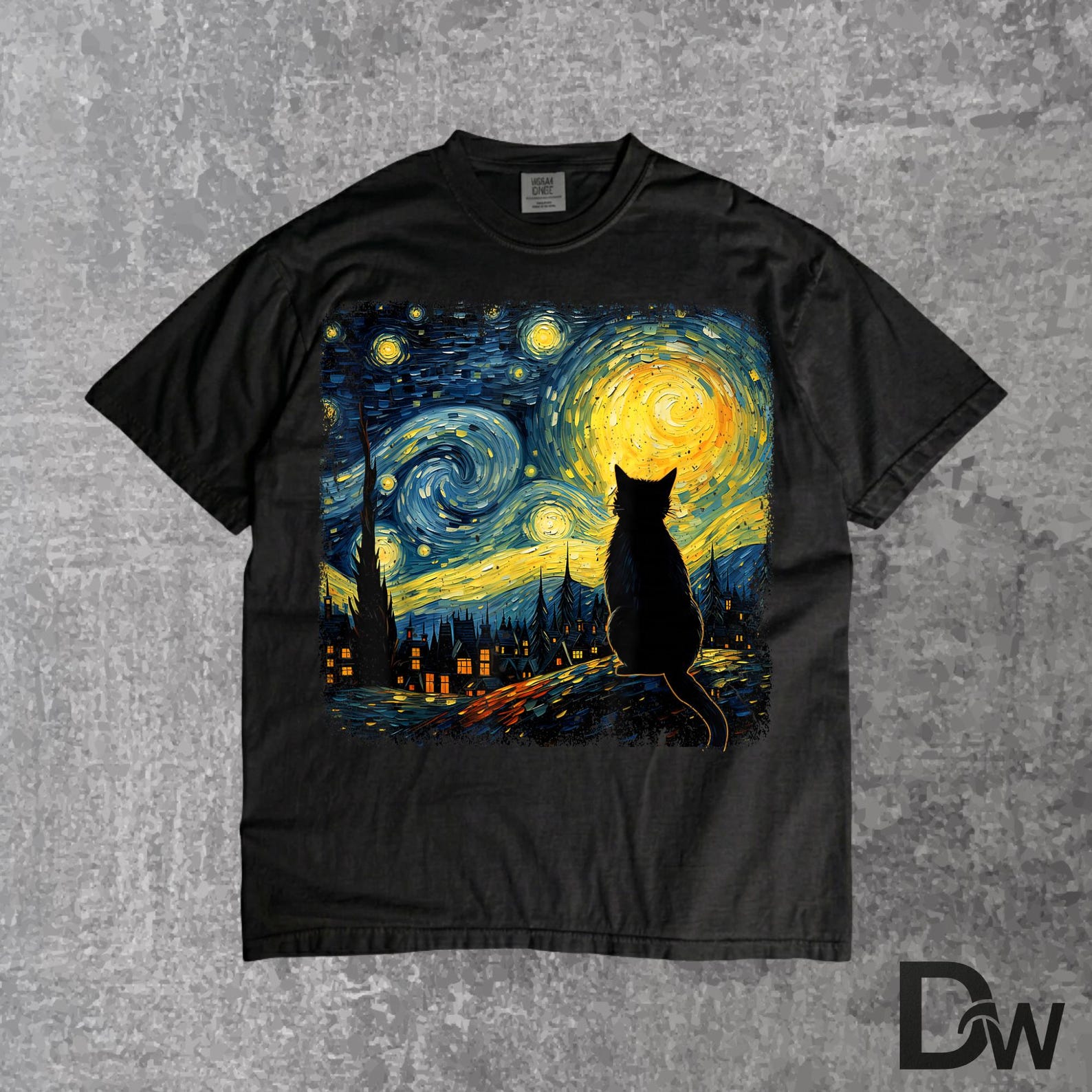 Cat Starry Night Van Gogh, Artistic Cat T Shirt, Cute Cat Lover Gift Tee, Cat Mom Cat Dad Shirt, Starry Night Cat Meme Graphic Tee L