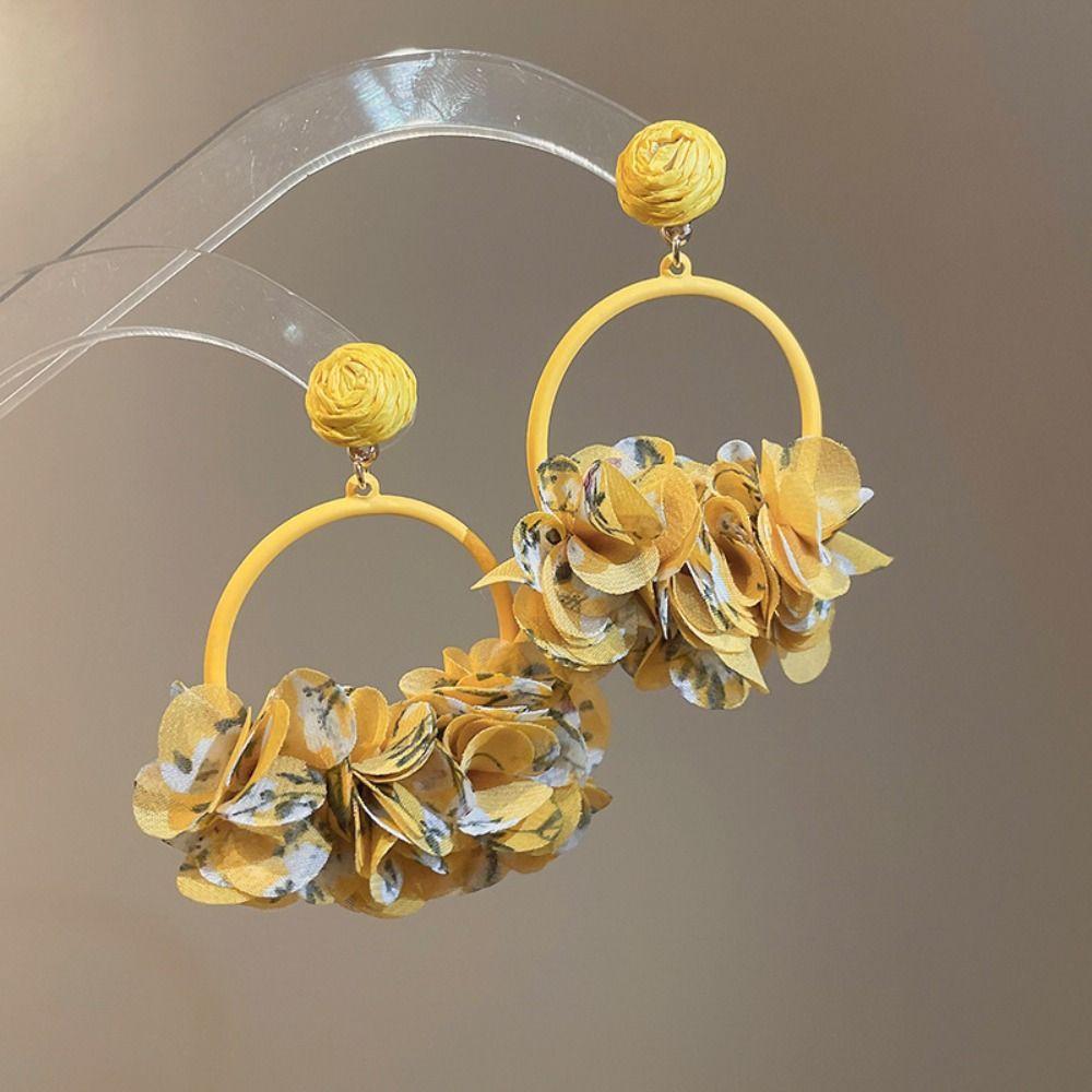 Sweet Fabric Flower Eardrop Round Hollow Exaggerated Earrings Elegant Drop Earrings  Women