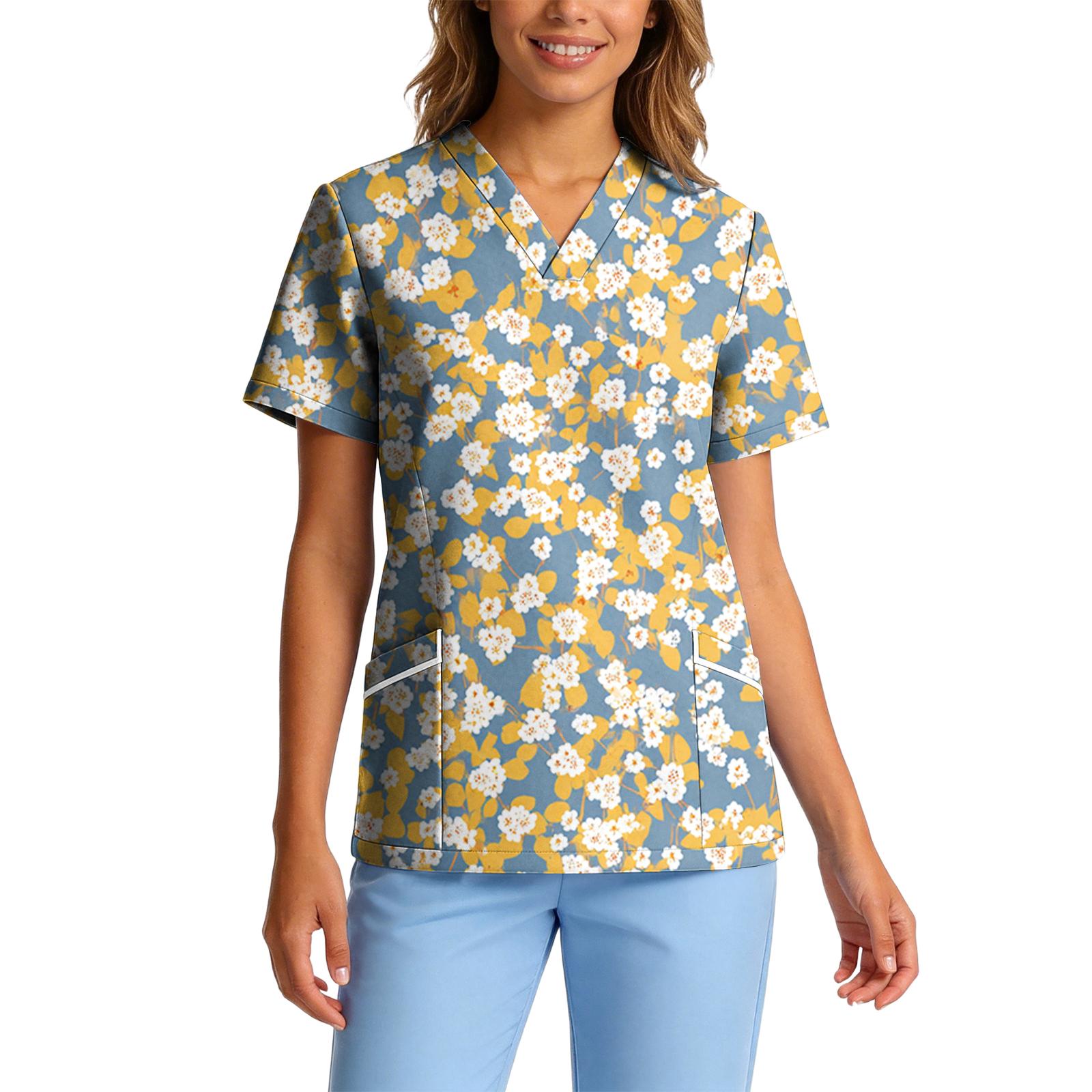 

Women’s Stretch Quick Dry V Neck Short Sleeve Floral Print Scrub Top with Pockets for Healthcare and Work Uniforms S