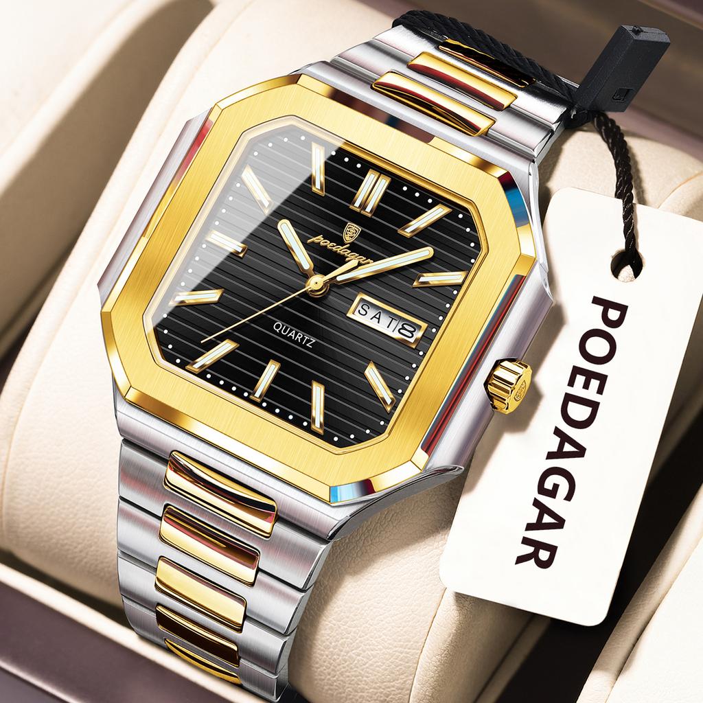 Top Luxury Brand Male Watch Waterproof Luminous Date Week Quartz Men's Watches Stainless Steel Fashion Square Men Watch