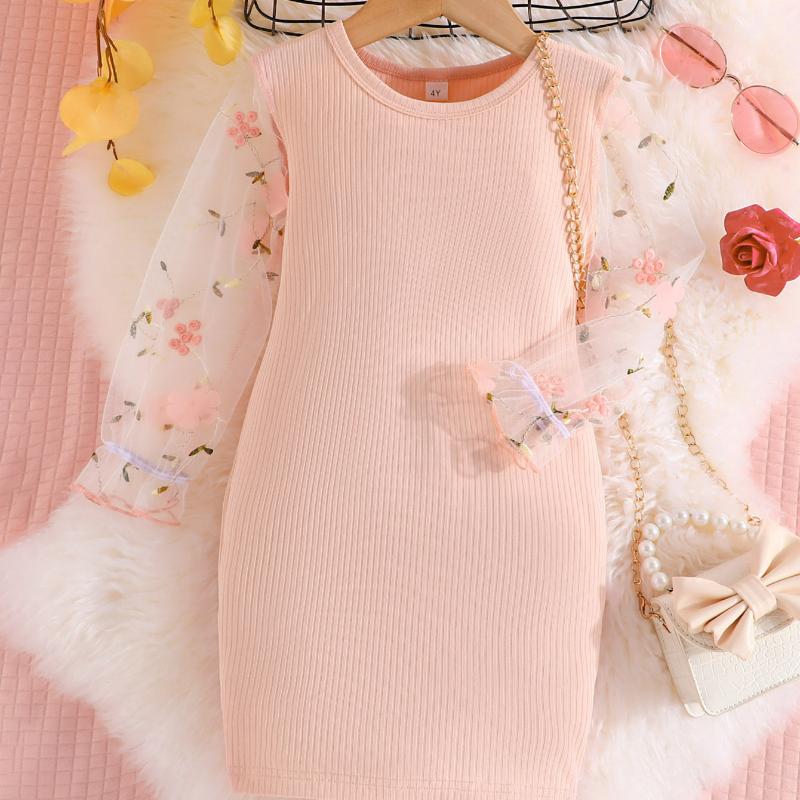 Girls Dress Spring and Autumn Children Clothing Mesh Sleeves Fashion Girl Baby Knitted Crew Neck Dresses for 4 5 6 7 Years Old