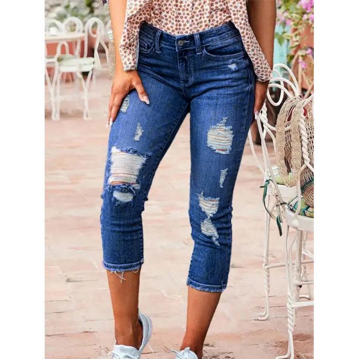 Women s Ripped Butt-Lifting, Waist-Cinching Slim Fit Elastic Capri Jeans Large