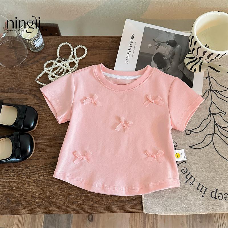 Kids Girls Pink Bow Decor Cotton Short Sleeve T-Shirt
