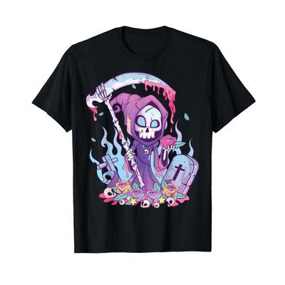 Pastel Goth Scary Death Grim Reaper Kawaii Occult T Shirt Black Vintage Versatile Homme Breathable Unisex
