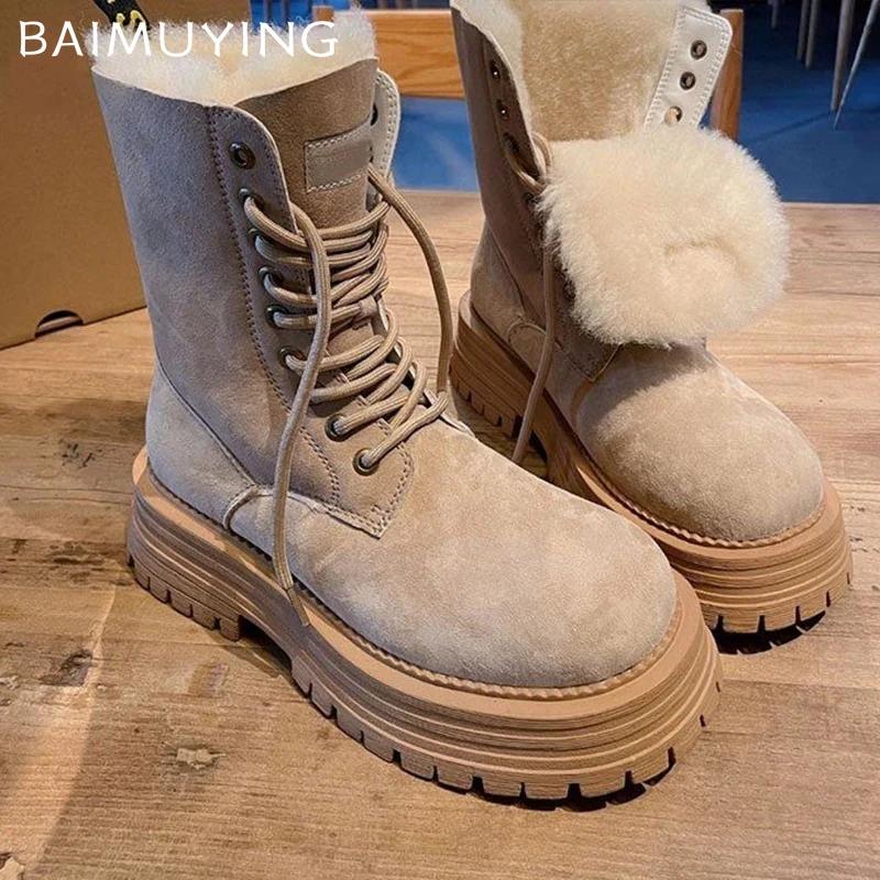Platform Snow Ankle Boots Women Fur Warm Suede Shoes Woman 2025 Trend Winter Short Plush Goth Walking Motorcycle Botas De Mujer