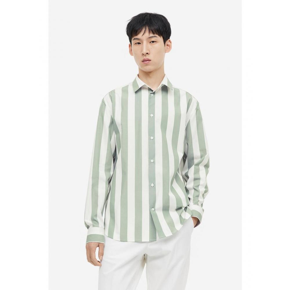 

Рубашка HM Regular Fit из поплина зелено-белая полоска 1170739002