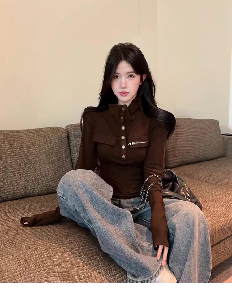 Women's Spicy Girl Style Stand-Collar Slimming Slim-Fit Long-Sleeve T-Shirt, Autumn/Winter, Stylish Waist-Cinching Base Layer