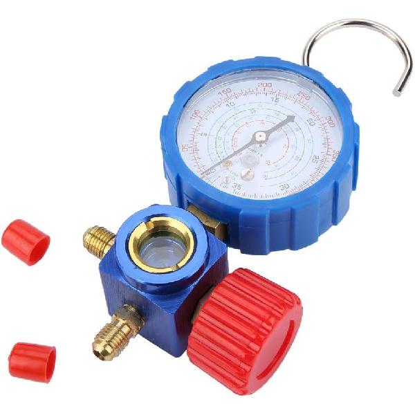 Manifold Gauge, 500psi 35kgf\/cm² Air Condition Refrigeration Manifold Wiht Visual Mirror (Blue) Manometer & Valve for R12 R502 R22 R410 R134A
