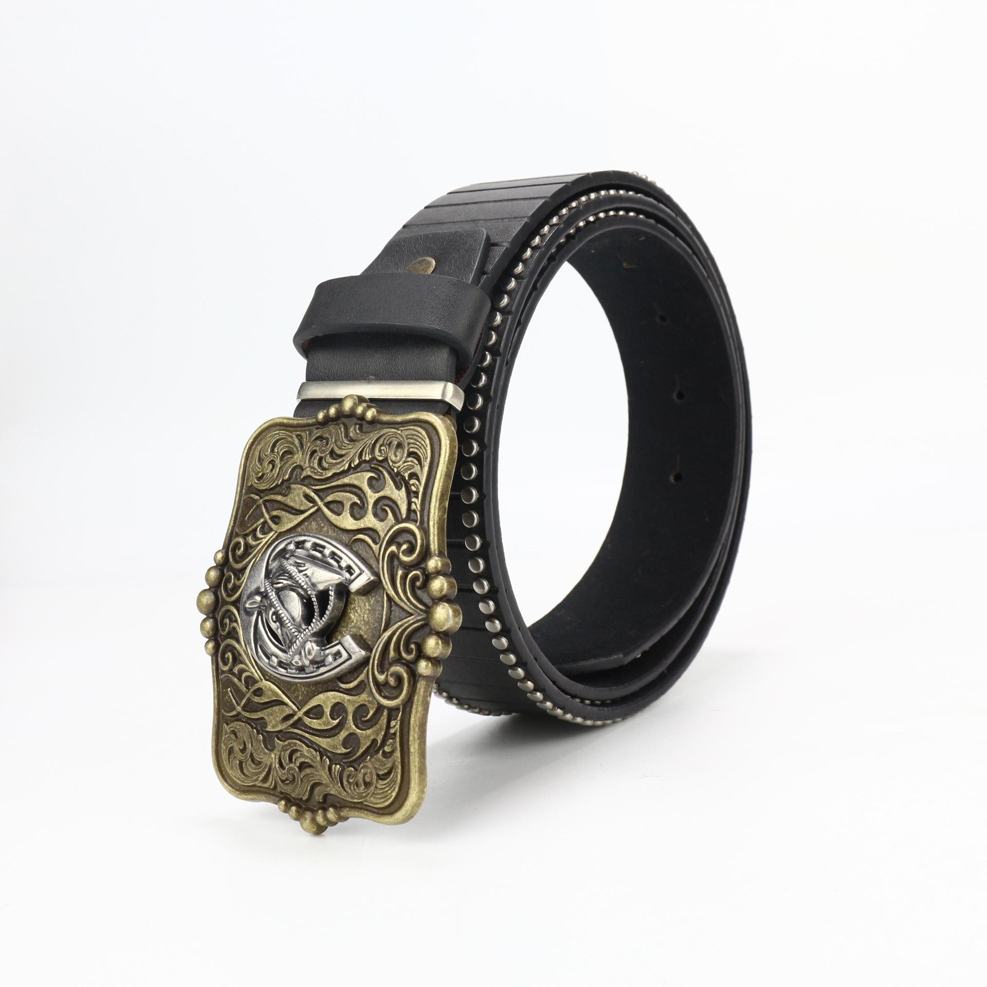 Западный Джинсовый Ремень с Гравировкой Большая Пластина Пряжка Серебряная Голова Лошади Ретро Зеленый Мужской Панк ПУ Ремень Length 120cm Width 3.8cm