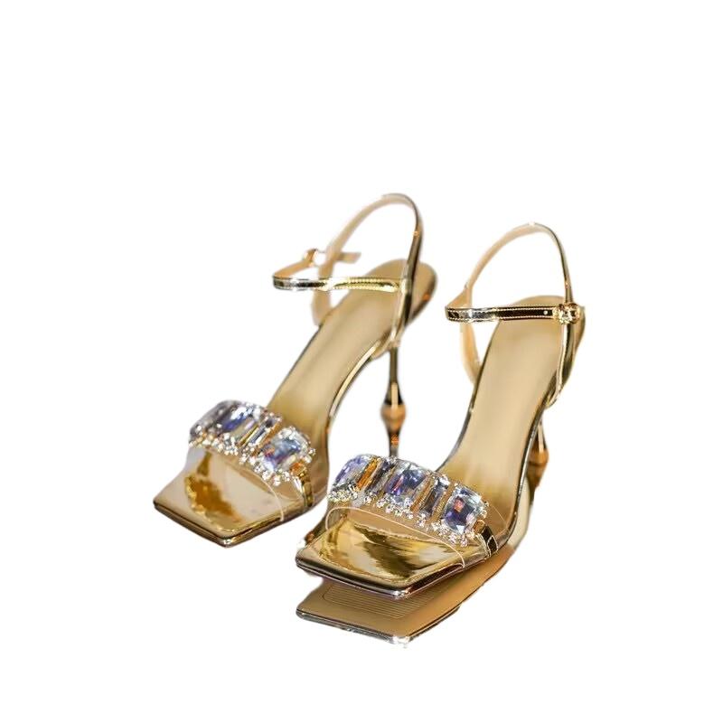 Fashion New  Golden Slim Heel with Diamond Square Toe Sandals for Women in The Summer of  Fairy Style Open Toe Sexy High Heels