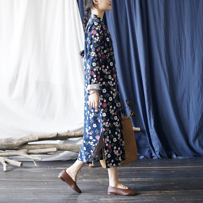 Johnature Women Chinese Style Dress Stand Long Sleeve Print Floral Autumn A-Line Vintage Women Dress