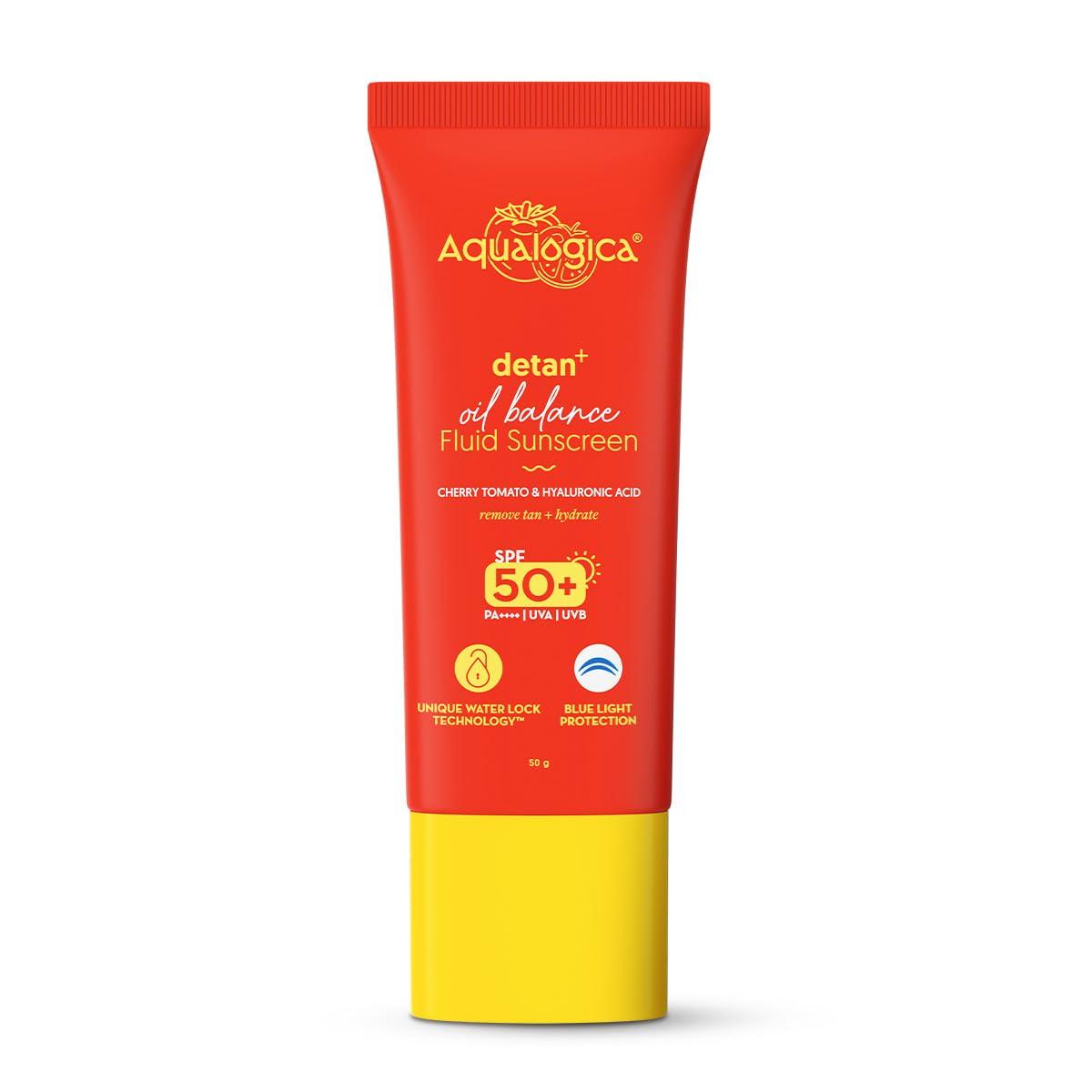 

Aqualogica Detan+ Oil Balance Fluid Sunscreen for Oily Skin SPF 50+ 50 g Pack, Non-Greasy, Reduces Tan, UVA UVB Protection