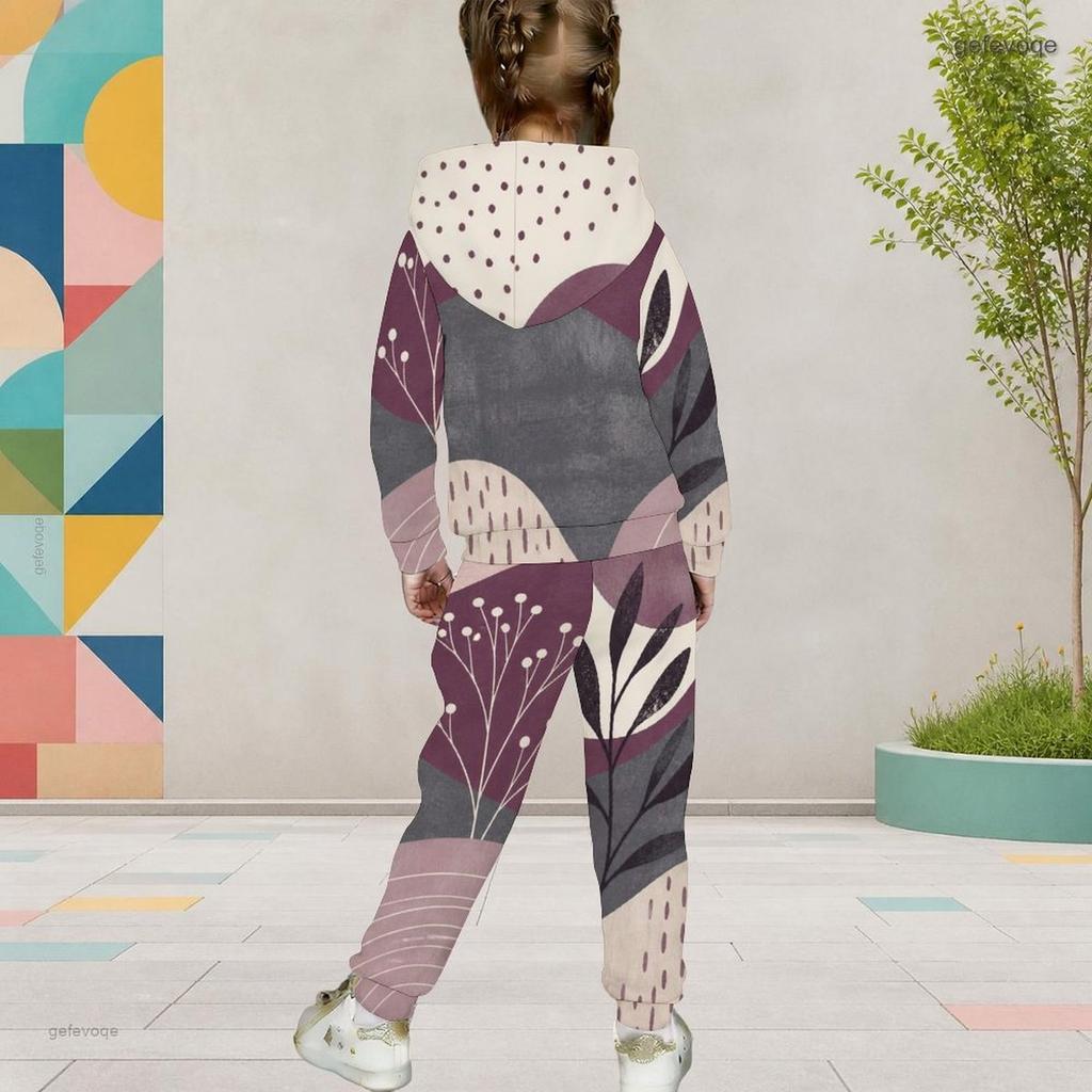 Girls Black White Printed Hooded Long Sleeve Top And Cuffed Pants Two Piece Set