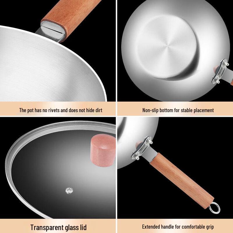 ZISIZ 316 Stainless Steel Flat-Bottom Wok with Lid