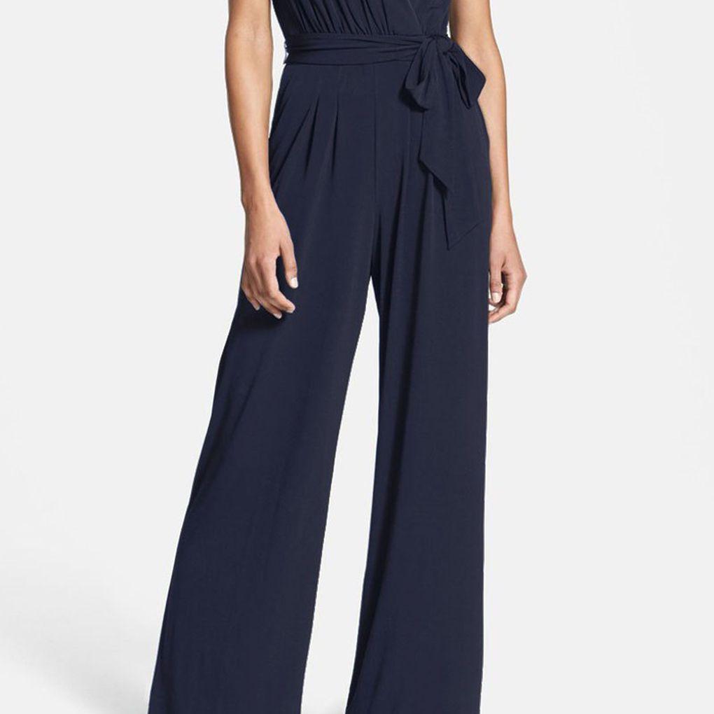 Women Solid V Neck Wide Leg Jumpsuit Pleated High Waist Sleeveless Bodysuit