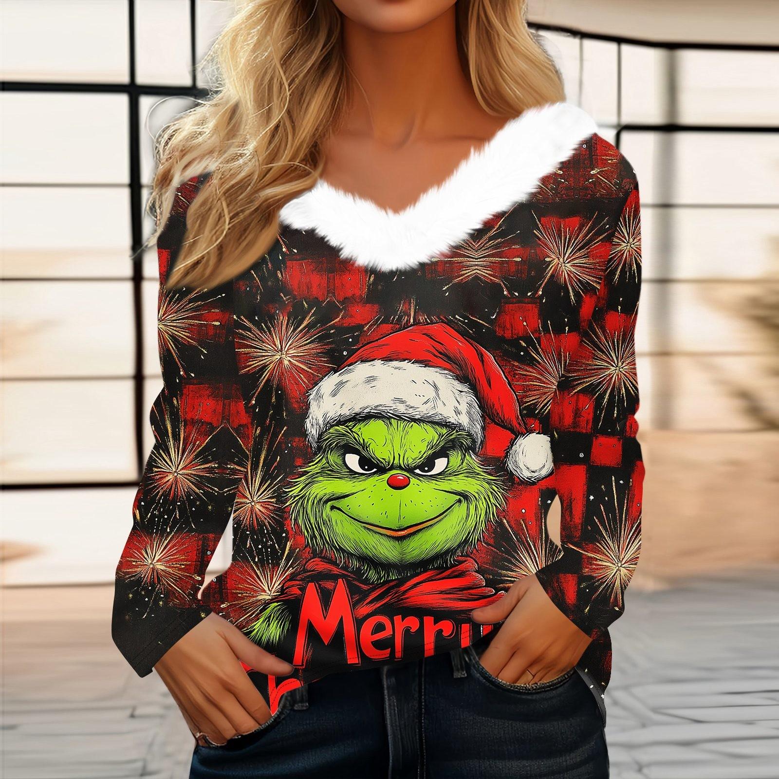 

Женская рождественская рубашка с длинным рукавом и принтом V-образным вырезом, повседневная свободная футболка, топы XL красный