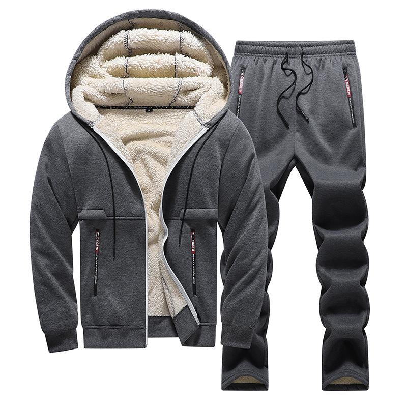 Autumn Winter Fleece Suit Men's Tracksuit Lamb Cashmere Sportwear Casual Warm Hooded Jacket+Pants Set