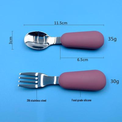 Set di Cucchiaio e Forchetta in Acciaio Inossidabile per Bambini con Manico in Silicone - Utensili di Addestramento e Alimentazione per Bebè