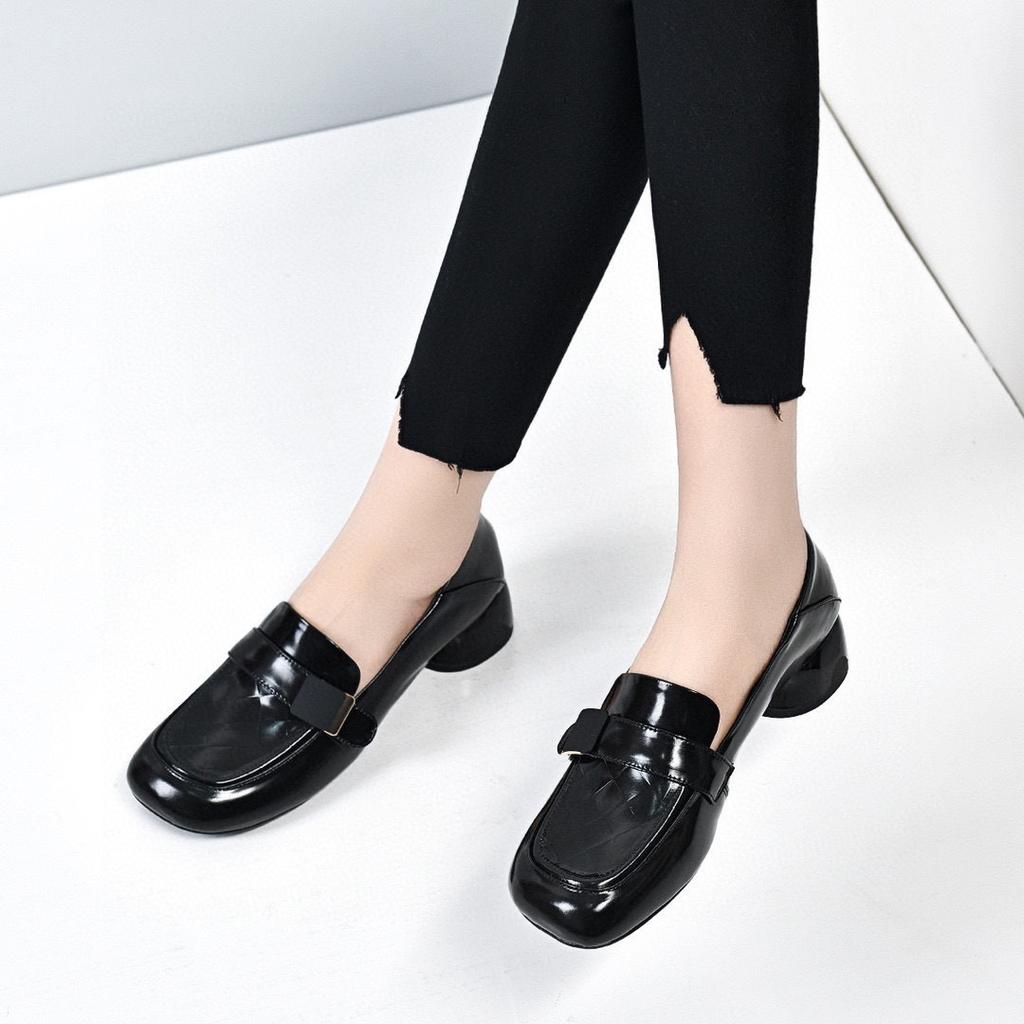 new small leather shoes first layer cowhide patent leather flat bottom low heel single shoes square buckle shallow mouth women's shoes