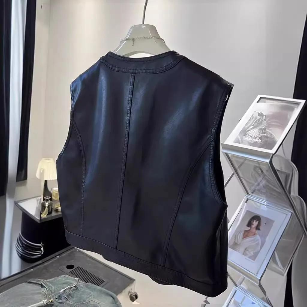 Dámská jednoduchá volná patchworková vesta pro dojíždění Pu kůže Streetwear Bez rukávů Knoflíková bunda