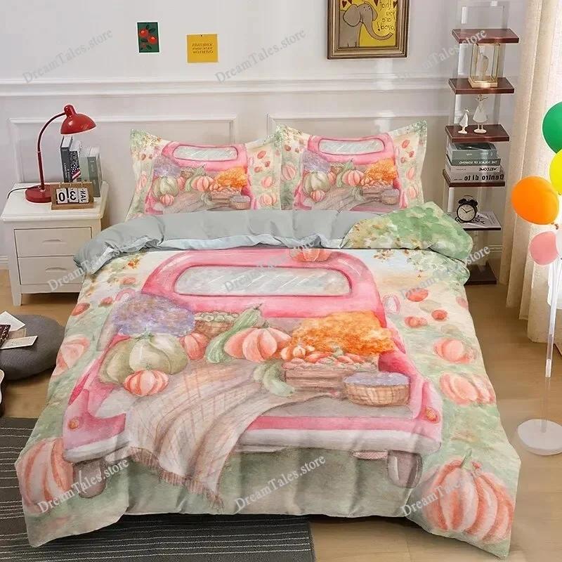 Herbst Kürbis Truck King Queen Bettbezug Happy Fall Thanksgiving Bettwäscheset Kinder Festival Geschenke Polyester Steppdecke