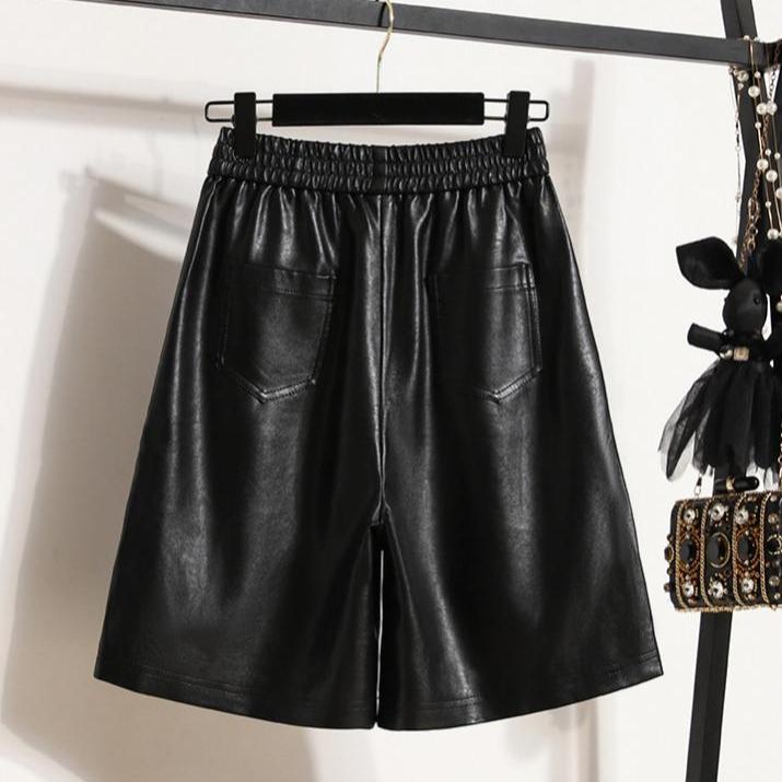 DIMANAF 2024 Plus Size PU Leather Autumn Winter Shorts Women New Black Casual Loose Wide Leg  Women Capris Pants Short Pants