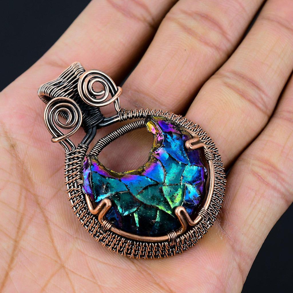 Titanium Druzy Gemstone Copper Wire Wrap Handmade Pendant Jewelry Gift For Love