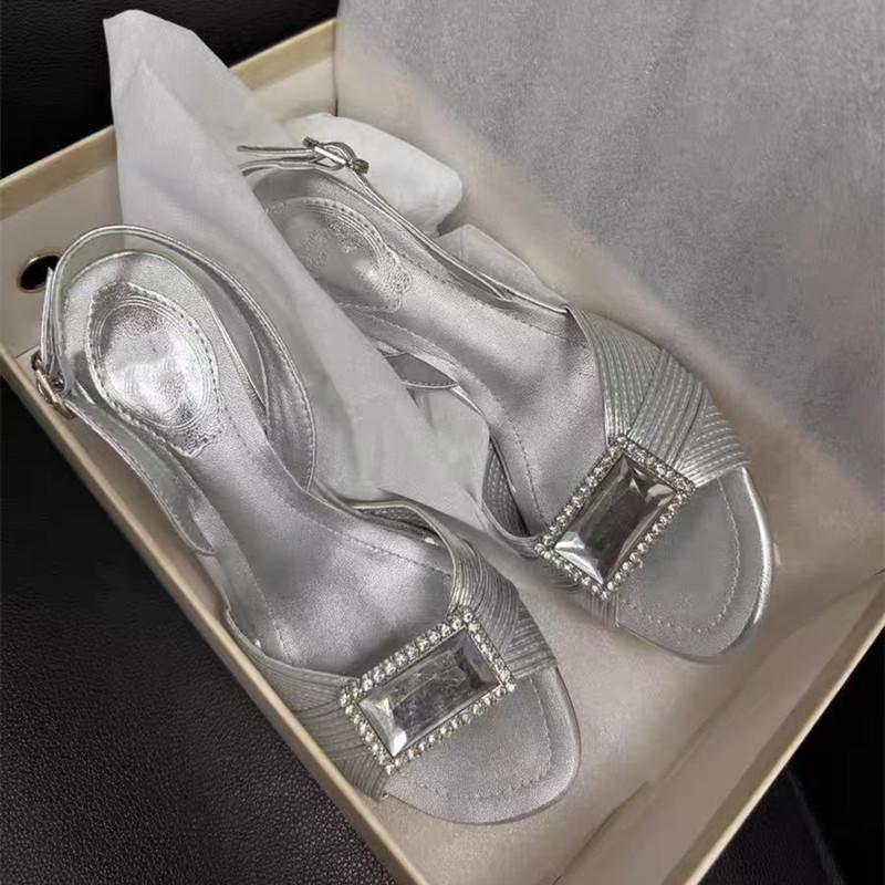 Fashion Green Gemstone Rhinestones Women Sandals Fashion Summer Round toe Slingback Elegant Stiletto High heels Silver Party Dress Shoes