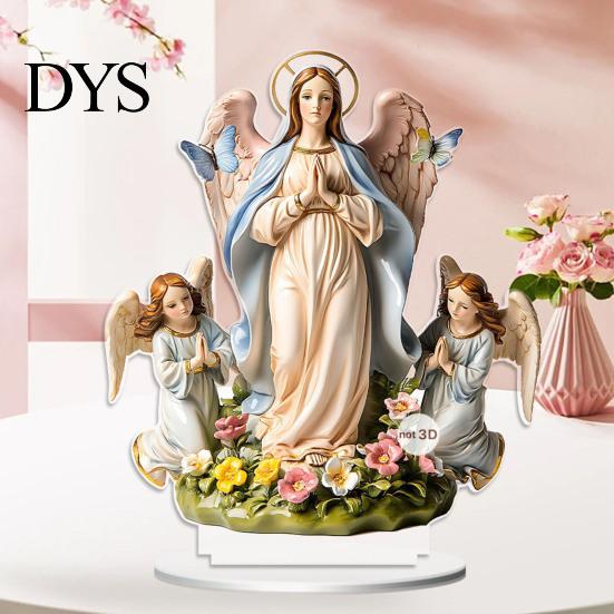 Spiritual Gift for Baptism Virgin And Angel Ornament, 2D Acrylic Religious Ornament with Catholic Statue Base, Table Centerpiece, Christian