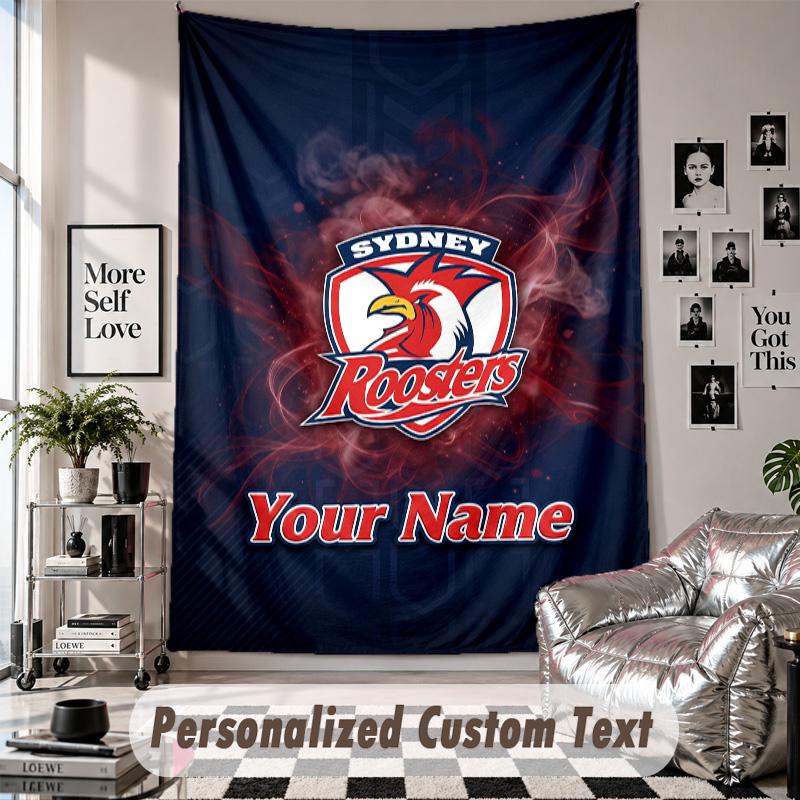 Wandbehang mit individuellem Namen & Text, Dekorative Tapisserie der Sydney Roosters für das Schlafzimmer