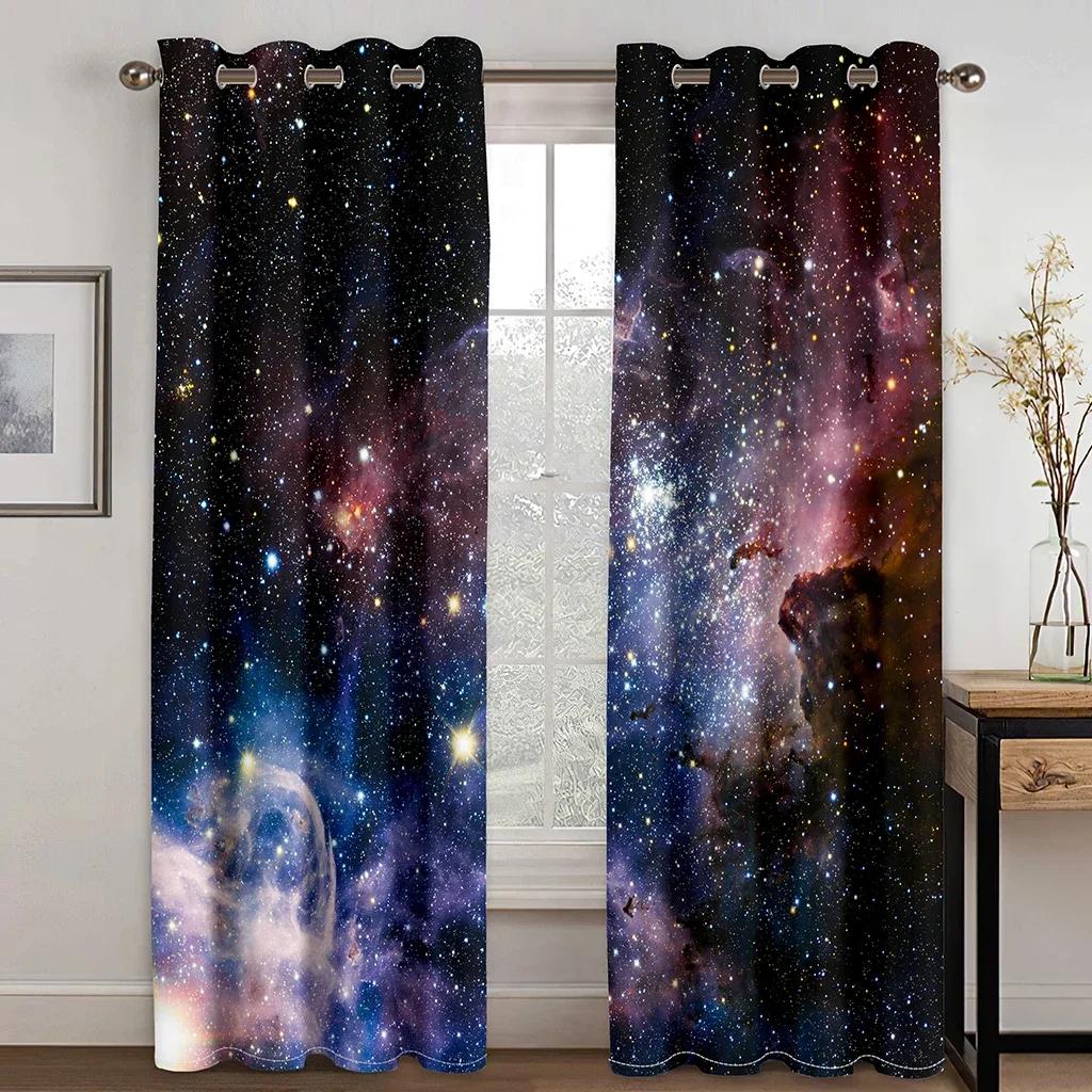 Blå Lilla Galakse Vindusgardiner, Venstre og Høyre Dobbelt Åpning, Rom Planet Stjerner Lysfiltrerende Gardin Draperinger for Soverom